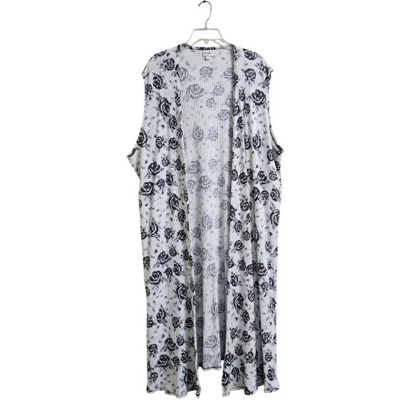 LuLaRoe Plus Size 3X Joy Open Long Longline Vest Cardigan Rose Print Black White - Picture 12 of 12